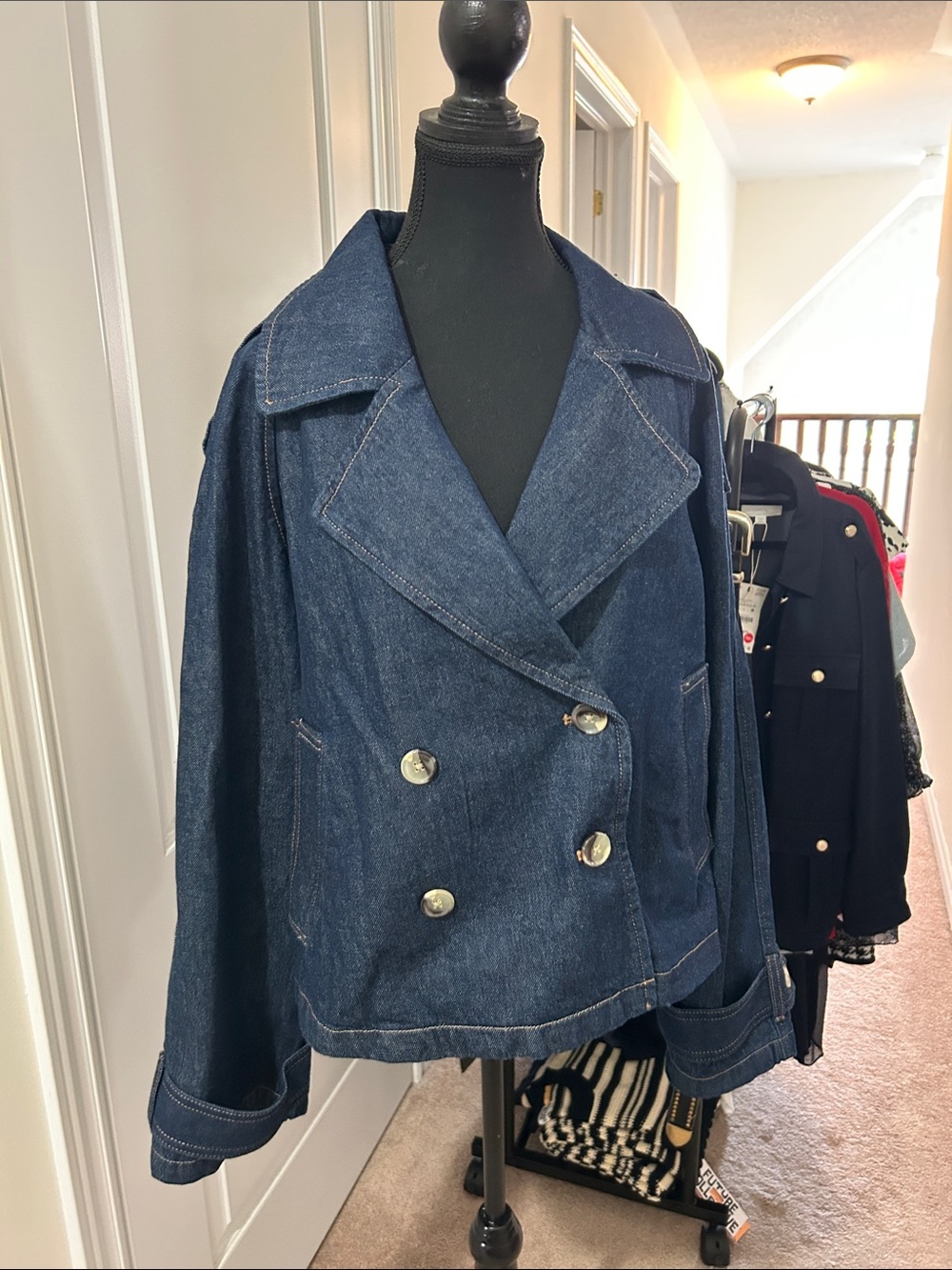 H&M Dark Blue Denim Double-Breasted Jean Jacket NWOT